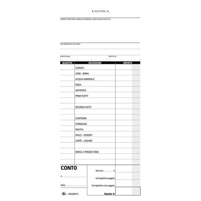BLOCCO CONTO RISTORANTI-PIZZERIE DA 5
